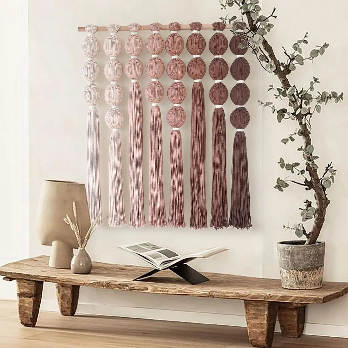 Boho Macrame Wall Hanging with Dip Dyed Red Tassels 27x31 Inch Woven Wall Art Home Decor