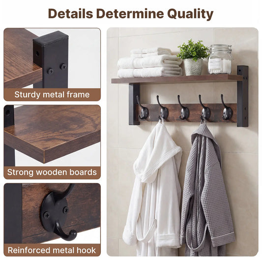 LOVEWE Wood Wall-Mount Coat Rack with Shelf & 5 Tri Hooks, Kitchen Household Organiser with Decor Shelves for Hanging Accessories, Cups, Dinnerware, Hat, Towel, Purse, Jacket