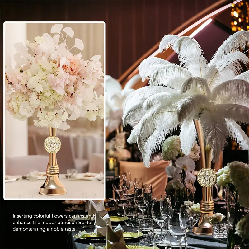 2-Piece Glamorous Gold 22-in Cylindrical Vases - High-Geometric Crystal-Inlaid Rust-Resistant Metal, Feather-Ready, Ideal for Room Decor, Thanksgiving, Easter, Valentines Day Reception Tables, Gatsby-Themed Events