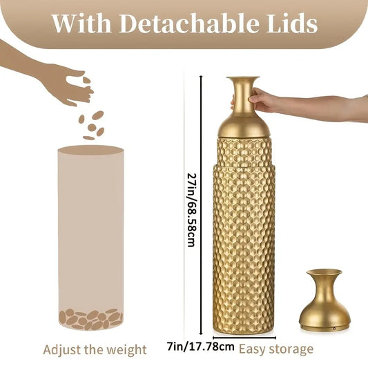 3pcs Metal Tall Floor Vase, Large Golden Vase Decorative Tall Stand Vases, Modern Honeycomb Texture Big Standing Vases for Dried Flower Embossed Body Pattern, 27.6" H/22.8" H/17.4" H Geometric Cylinder