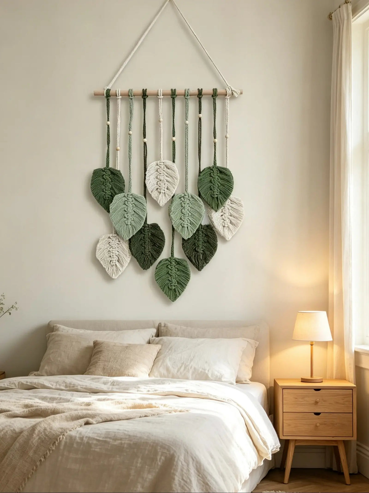 Boho Macrame Leaf Wall Hanging, Handmade Woven Leaves Tapestry with Wooden Beads & Stick, Fringe Wall Decor for Bedroom Living Room