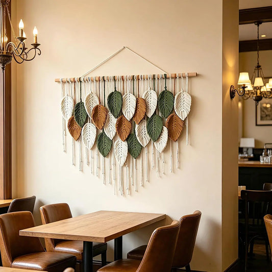 OUEST Large Cotton Macrame Wall Hanging - Hangable Wood Minimalist Boho Woven Tapestry, Handmade Leaf Feather Bohemian Wall Decoration, Home Decor for Living Room Bedroom 39" W x 29.5" L