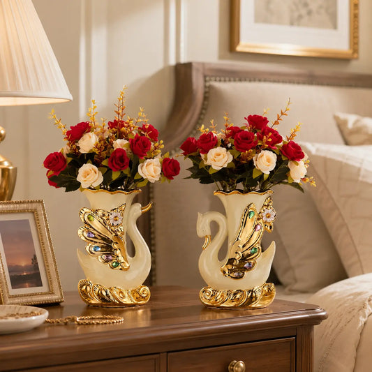 2pcs Shiny Colorful Modern Ceramic Swan Home Decor Vase Set - Artificial Dried Flowers Vases for Floral Arrangement, Fake Plants, Rose Petals - Ideal for Living Room, Entryway Decor, Perfect Gift
