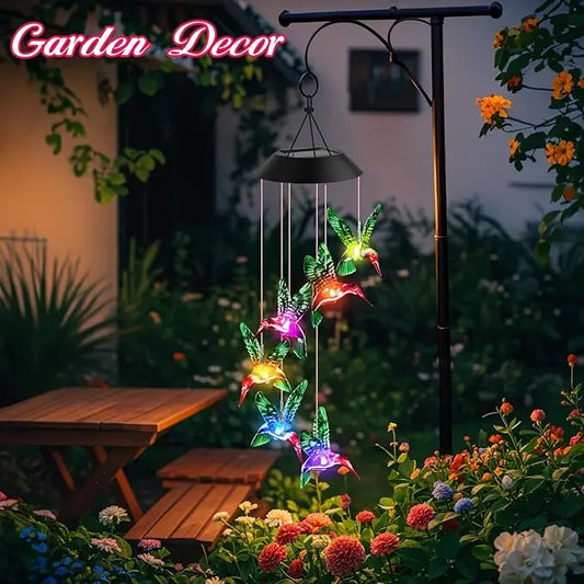 Solar-Powered Hummingbird Wind Chime with Color-Changing LED Lights, Waterproof Outdoor Decor Garden Accessory with Hanging Kit, Mom Gift for Garden Patio Home Improvement