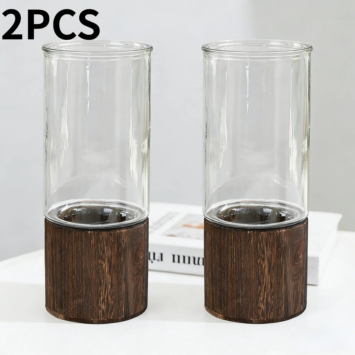 Elegant Glass Vase with Wooden Base, Decorative Vase, Flower Arrangement Vase, Vases for Flowers, Perfect Living Room and Dining Table Decoration, Home Decoration, Ideal Gift for Friends and Family