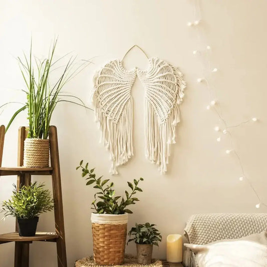 Macrame Wall Hanging - Bohemian Angel Wings Woven Cotton Rope Tapestry, Handcrafted Fringe Decorative Wall Art, Bohemian Tapestry Style Home Decorative Ornament for Living Room, Decoration, Hangable, Wall Decor