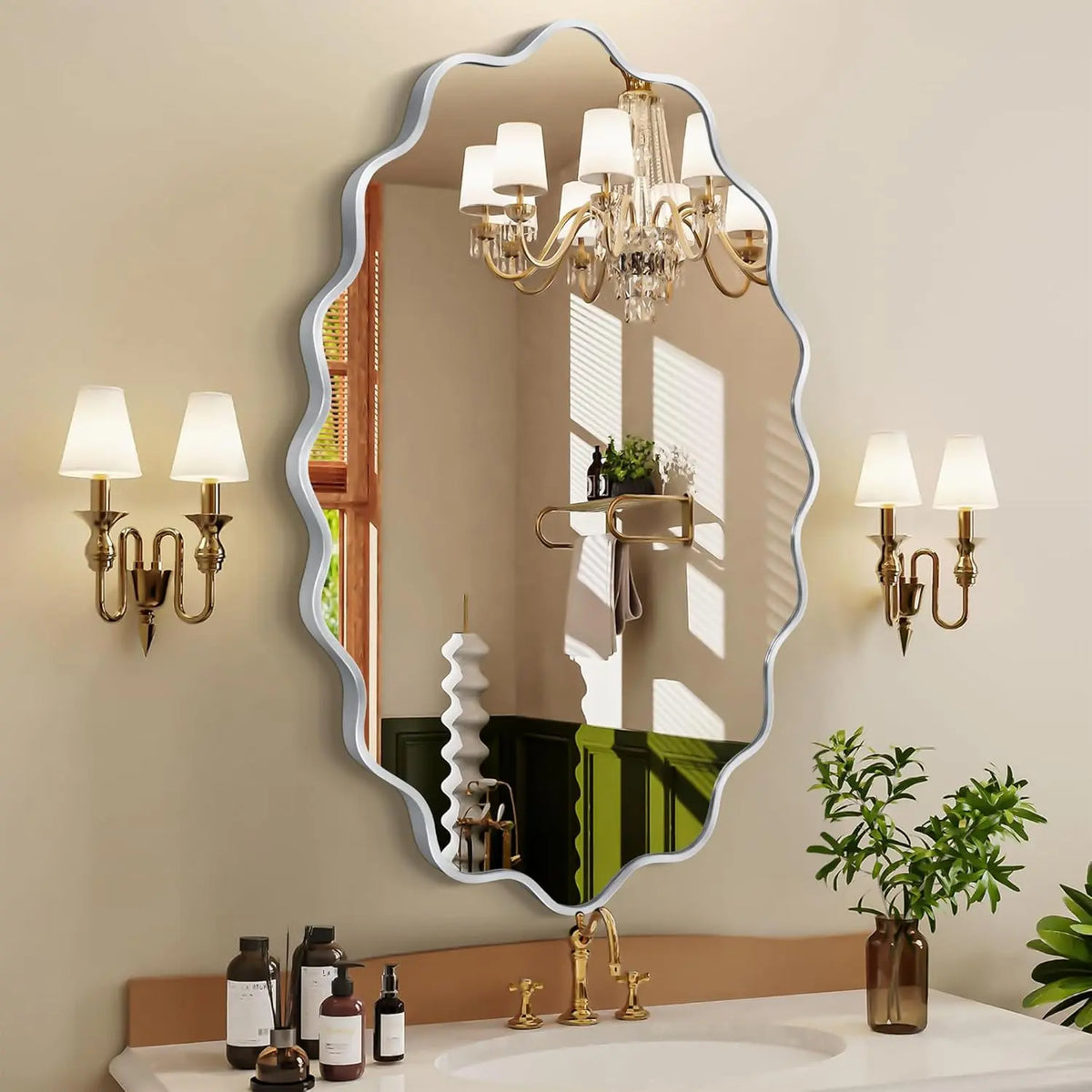 TVF Oval Wall Mirror, 22" x 30" Wavy Bathroom Mirror for Wall with Brushed Alloy Steel Frame&Shatter-Proof Glass, Hanging Decorative Wall Mirrors for Bathroom Sink, Bedroom, Entryway