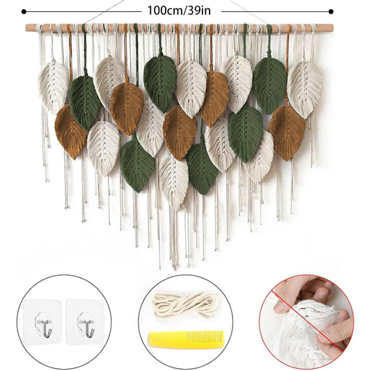Handwoven Boho Wall Hanging - Large Macrame Tapestry with Leaf Feather Motif, Chic Indoor Recreation Decor for Living Room, Nursery, Modern Hangable Art (39inW x 29.5inL)