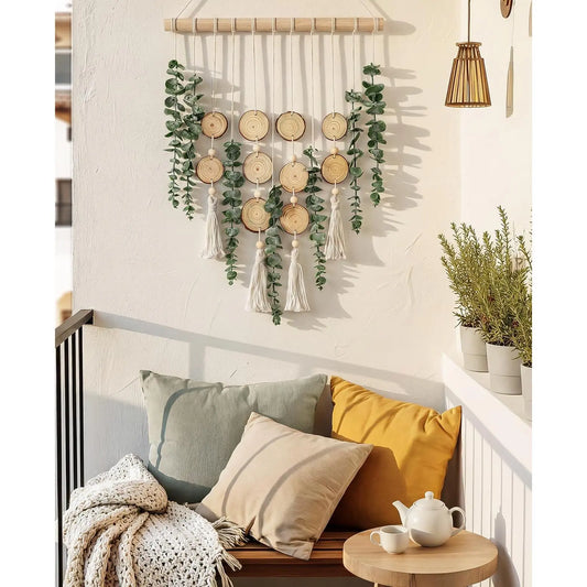 Boho Artificial Eucalyptus Wall Decor Hanging - 33.1 in Lightweight Fake Greenery with Wood Slices, Tassels, Leaf Pattern, Adjustable Rope, Mixed Materials, Rustic Farmhouse Accent, Gift Ready for Home (Bathroom, Bedroom)