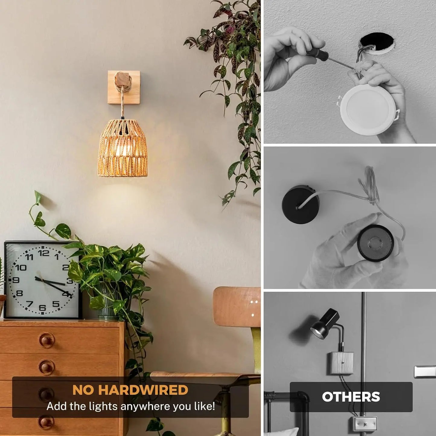 Set of 2 Bamboo Rattan Woven Lantern Wall Sconces - Battery-Operated Rechargeable Wooden Swing Arm Lamps with Adjustable Brightness, Dimmable Lighting for Aesthetic Home Decor, Bedroom Living Room, Bamboo Wall Sconce