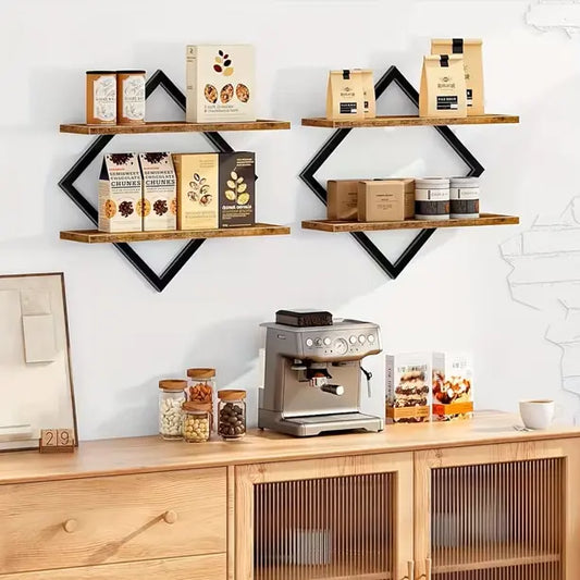Rustic Brown 2-Layer Geometric Diamond Hanging Floating Shelf Set - Industrial Metal Wire & Wooden Shelves, Minimalist Aesthetic Home Decor, Suitable for Living Room, Kitchen Decor