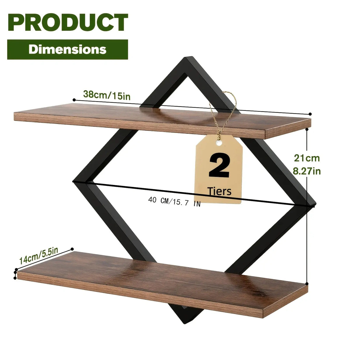 Rustic Brown 2-Layer Geometric Diamond Hanging Floating Shelf Set - Industrial Metal Wire & Wooden Shelves, Minimalist Aesthetic Home Decor, Suitable for Living Room, Kitchen Decor