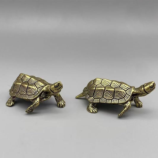 2Pcs Brass Turtle Statue - Vintage Copper Tortoise Figurine for Desktop Feng Shui Ornament, Metal Animal Sculpture Home Office Decoration Ornament Tea Pet Crafts