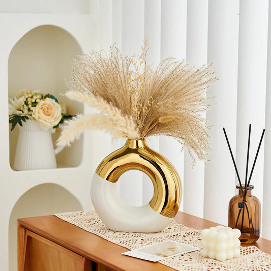 Platinum Ceramic Oval Centerpiece Vase - Plain, Modern, Bohemian, Minimalist Decorative Modern Plant Vase for Entryway, Dried Flower & Reed Holder, Special Occasion Souvenir (O-shaped Design)