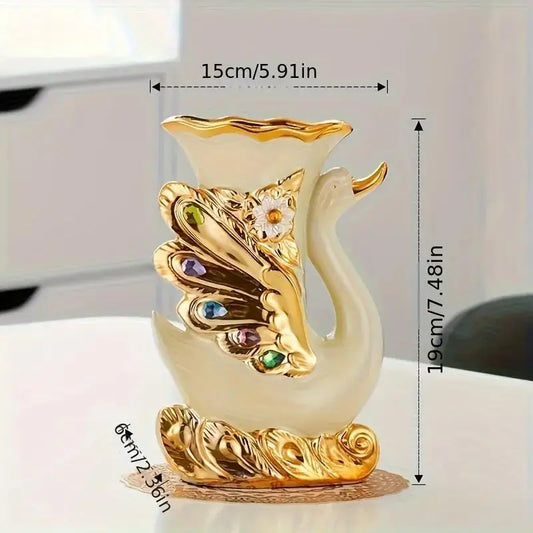 2pcs Modern Ceramic Swan Home Decor Vase Set Pack - Double Piece Flower Vases for Artificial Floral Arrangement, Fake Plants, Rose Petals - Ideal for Living Room, Dining Table Decor, Artificial Floral Arrangement Vases, Living Room Decor