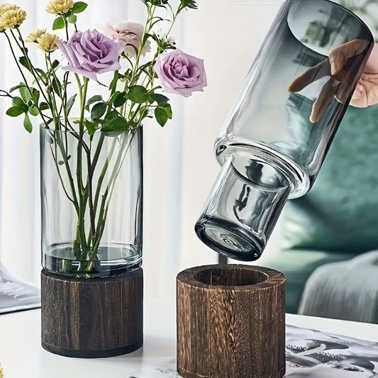 Elegant Glass Vase with Wooden Base, Decorative Vase, Flower Arrangement Vase, Vases for Flowers, Perfect Living Room and Dining Table Decoration, Home Decoration, Ideal Gift for Friends and Family