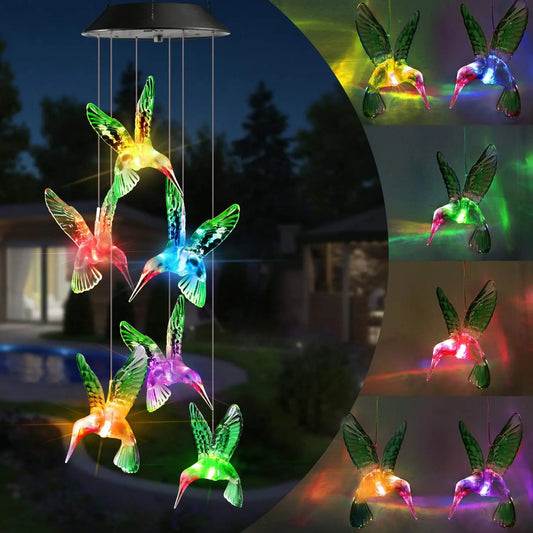TOODOUR Solar Color-Changing Hummingbird Wind Chimes - Waterproof Durable Garden-Indoor Hanging Decoration with Light Show, Swivel Hook, Room Decor, Gifts for Women, Ideal for Porches, Camping Essentials