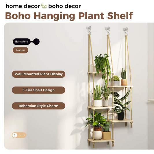 Bamworld Window Plant Shelves - Rustic Wooden Boho Wall Stand, Hanging Hanger with Home Decor Pots, Whimsical Accent for Living Room Fall Displays, Whimsical Home Decor