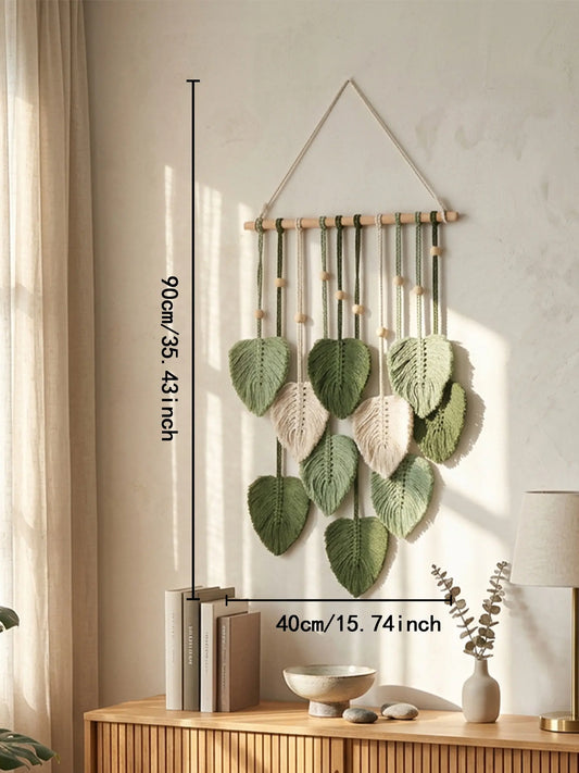 Boho Macrame Leaf Wall Hanging, Handmade Woven Leaves Tapestry with Wooden Beads & Stick, Fringe Wall Decor for Bedroom Living Room