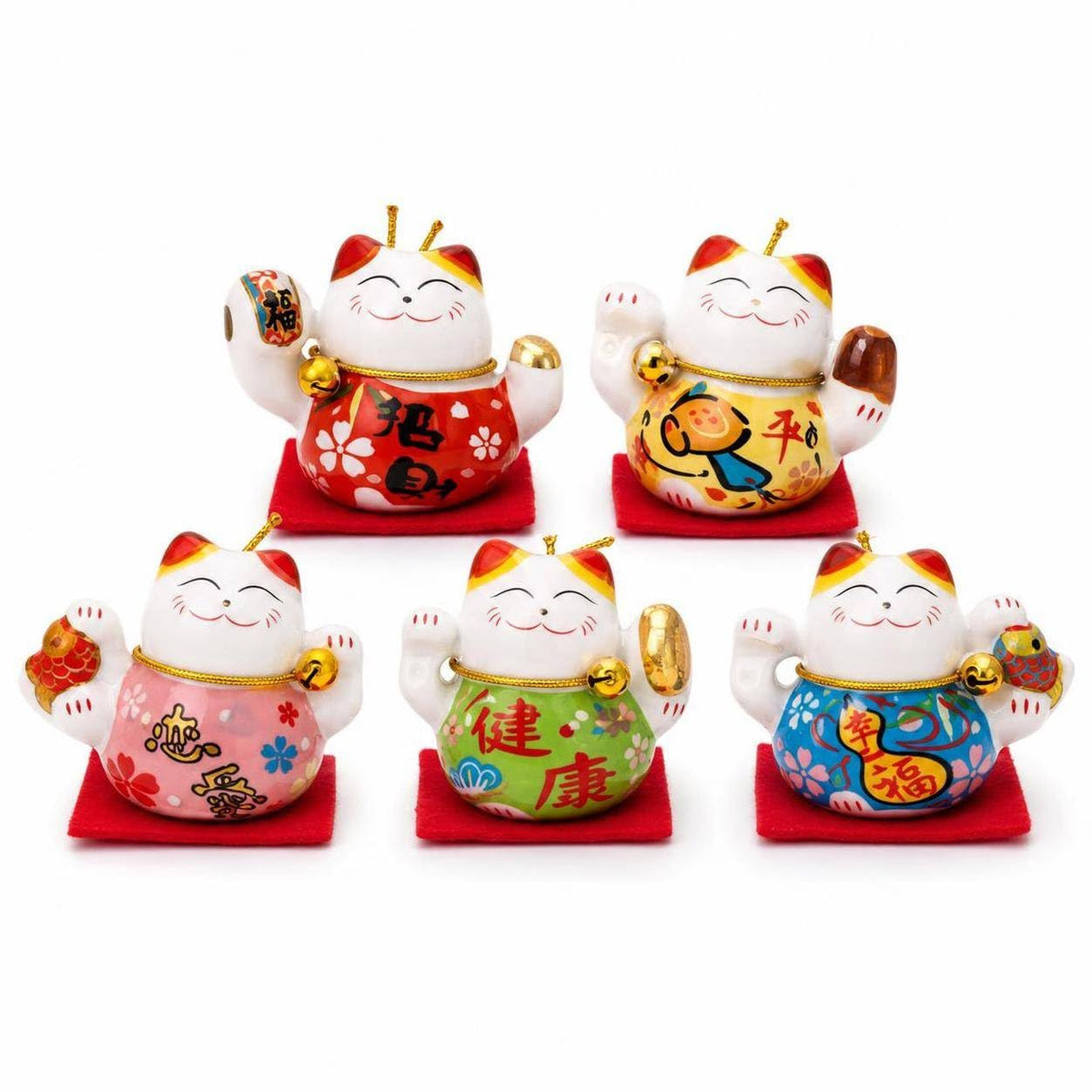 Lucky Cat Chinese Ceramic Figurines, Set of 5 Mini Fortune Cats, Desktop Ornaments for Home Decor