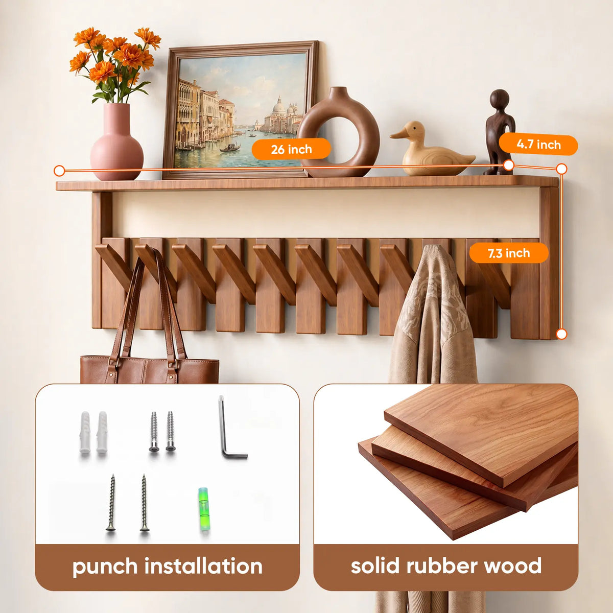 Piano-key Wooden Walnut Wall Rack with Shelf, Wall-mounted Entryway Hanging Shelf, Coat Rack Hooks Hangers for Closet, Kitchen, Bedroom, Bathroom, Entryway, Mudroom for Coat, Clothes, Hats, Robes, Bags and Towels Organizer Rustic Brown