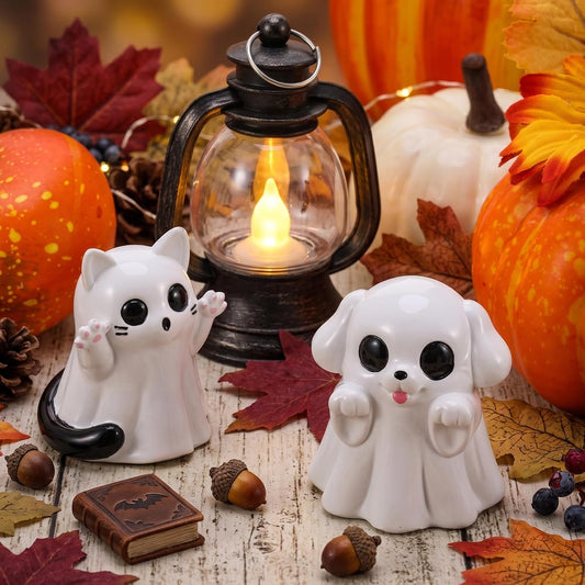 2Pcs Halloween Dog Cat Ghost Resin Figurines Decor