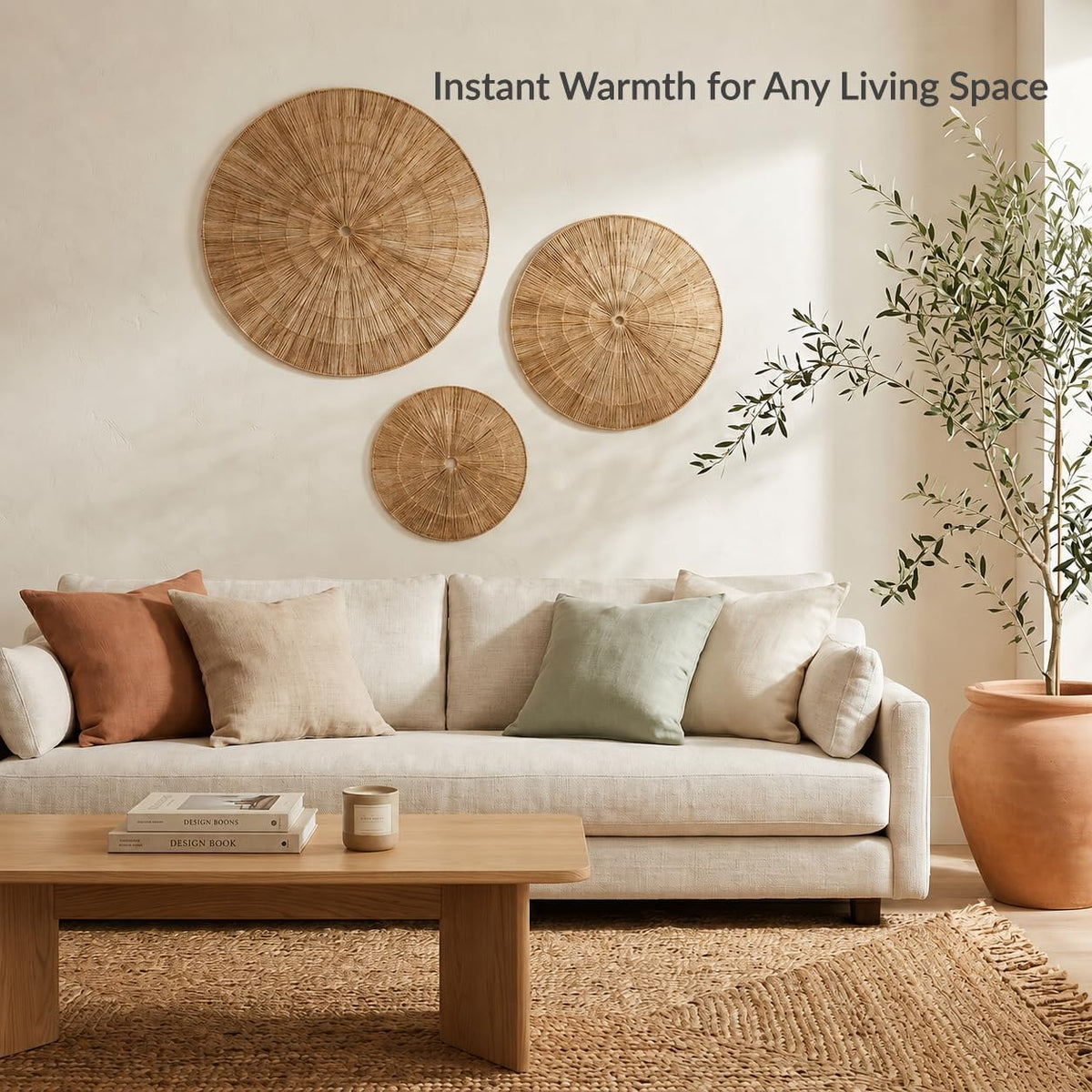 PEMAR Handwoven Jute Wall Hanging Baskets, Set of 3 Round Woven Wall Decor (22", 19", 15"), Decorative Wall Accents for Living Room, Bedroom and Entryway
