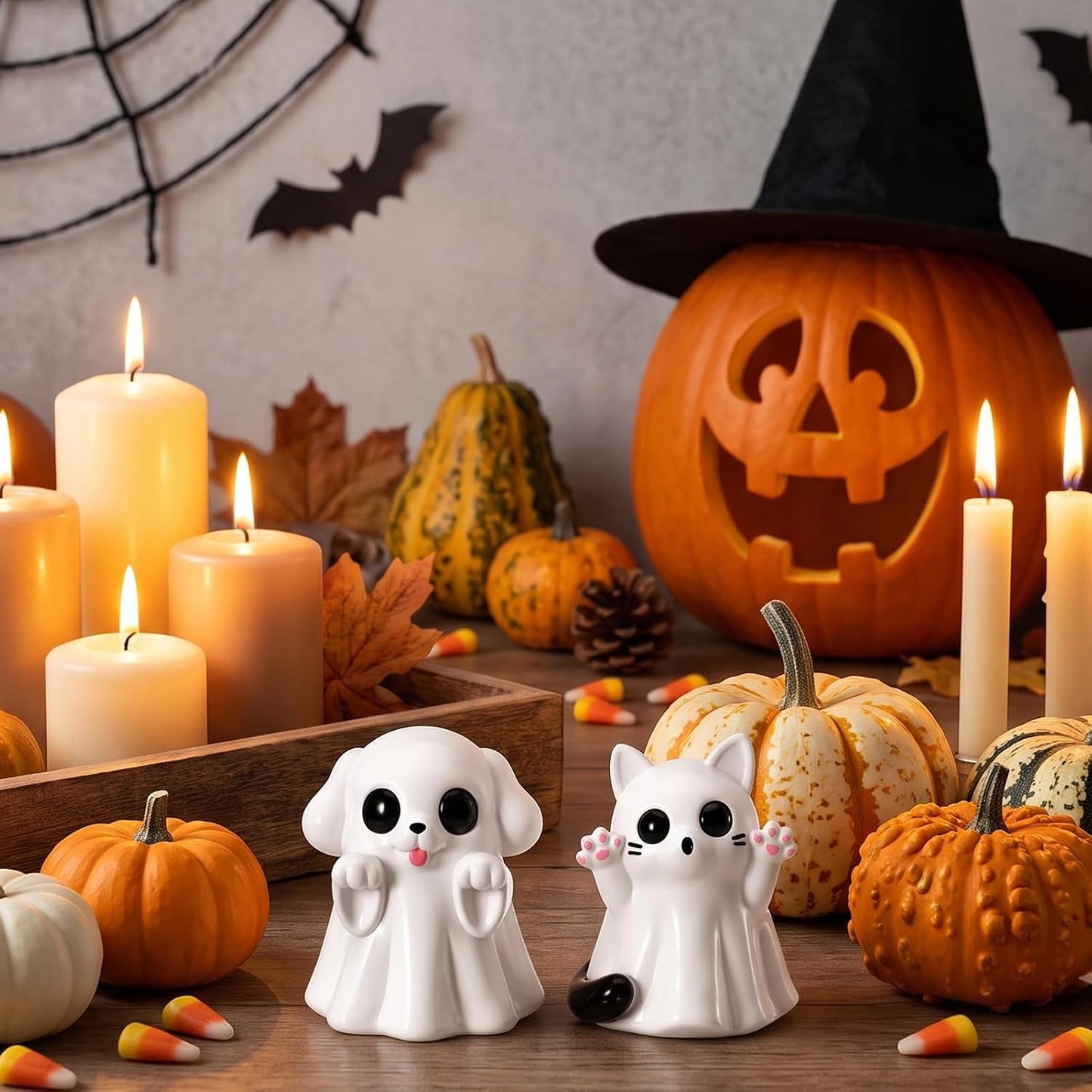 2Pcs Halloween Dog Cat Ghost Resin Figurines Decor
