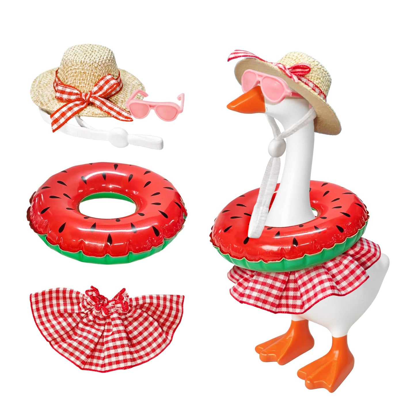 4PCS Summer Bikini Outfit Set 7 Inch Magnetic Desk Goose Statue, Pink Skirt Straw Hat Sunglasses Swim Ring,Mini Cute Costume Accessories for Small Desktop Goose Decor,Office Table Aesthetic Ornament