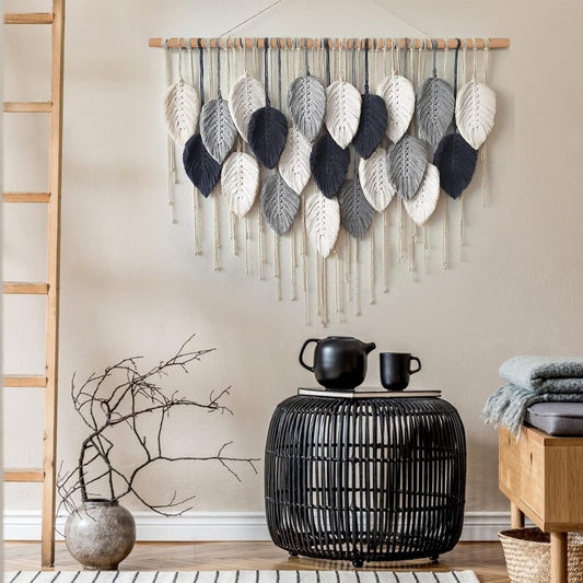 Weldomcor Macrame Wall Hanging Leaf Woven Tapestry Bohemian Chic Wall Hanging Feather Large Handmade Wall Art Decor for Bedroom Living Room Apartment Ornament, 39 inch