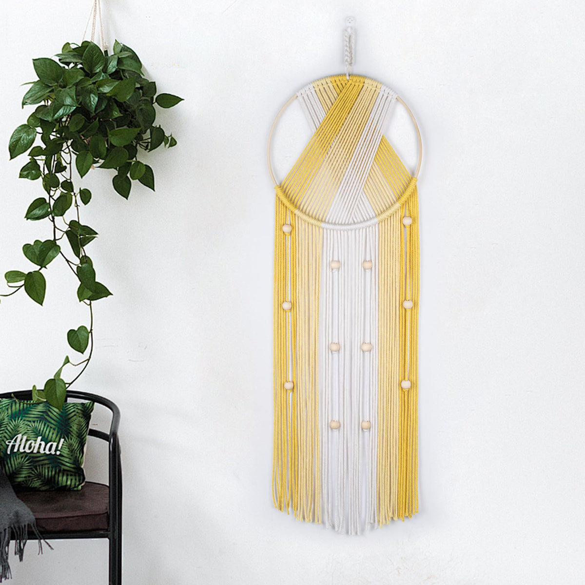 LB Long Boho Macrame Wall Hanging, Green Beige Handmade Cotton Woven Tapestry, Modern Geometric Bohemian Wall Decor for Bedroom Living Room, Nature Inspired Room Decor 31.5" x 9.84"