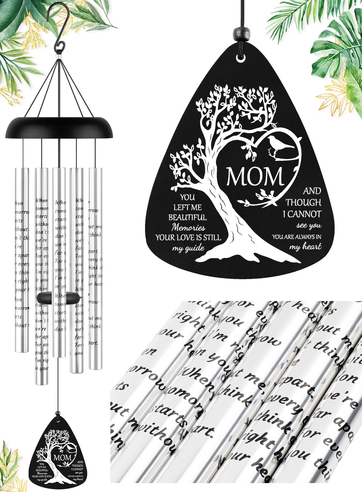Fabuday 32'' Sympathy Wind Chimes Memorial Gift for Loss of Loved One Black