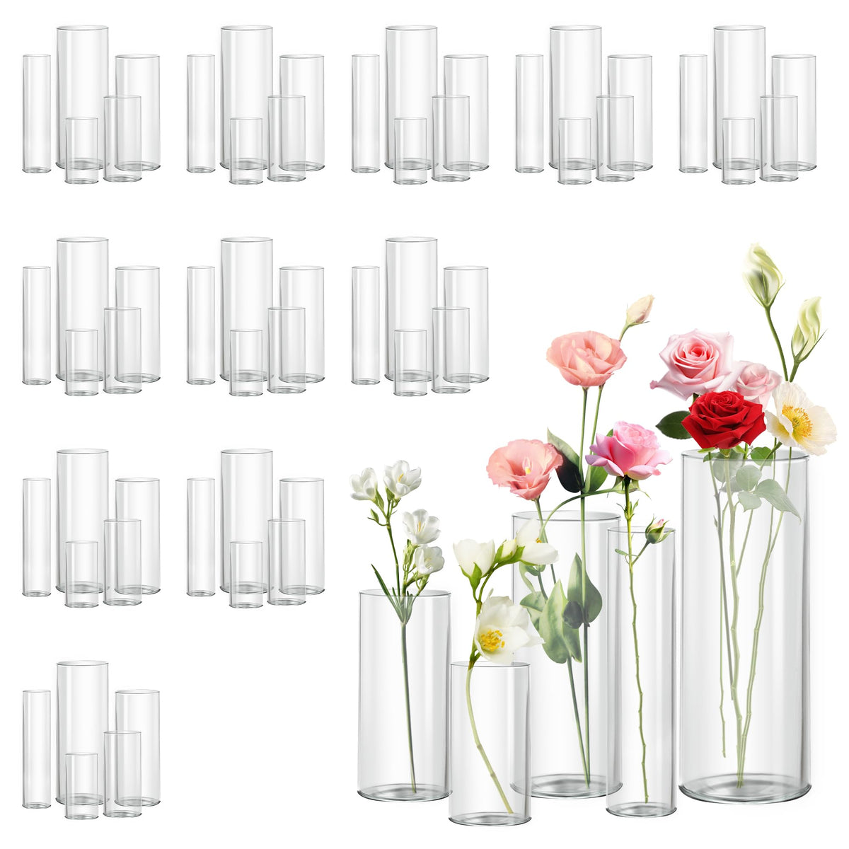 Glass Cylinder Vase Set of 18 for Centerpieces, 4,4.7,6 inch Tall Clear Vase Floating Candle Holder for Wedding Table Home Décor and Party