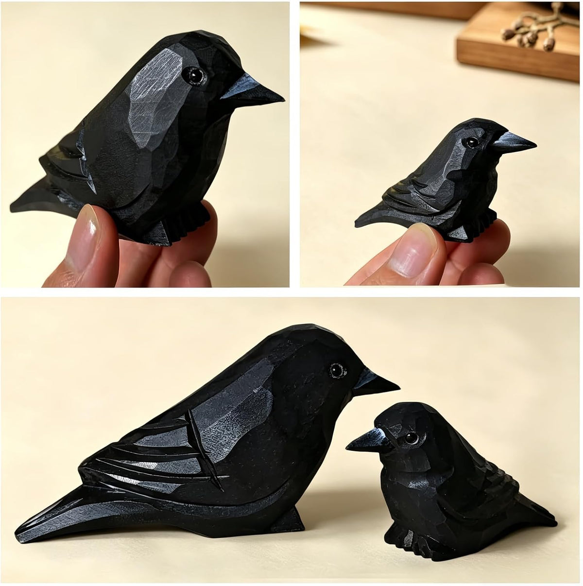 Hand-Carved Wood Raven Black Bird Crow Figurine Set (Pack of 2)