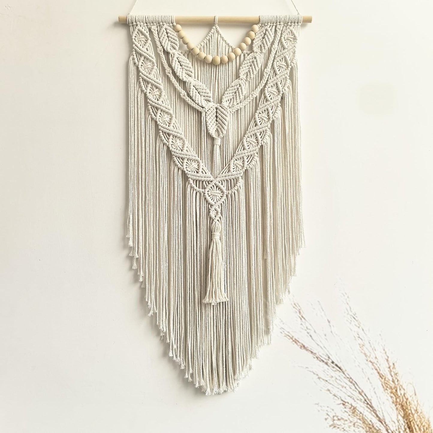 guzhiou Macrame Wall Hanging Boho Geometric Woven Tapestry Cotton Handmade Bohemian Art Decor with Wood Bead Wall Decor for Bedroom Living Room Apartment Nursery 31.5" L x 17" W (Wood bead-B)