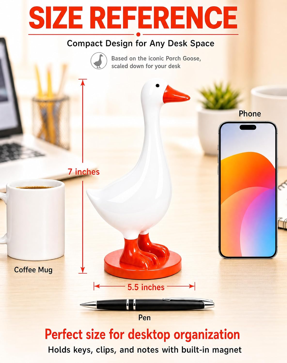 7 Inch Desk Goose with Magnetic Beak and Stable Base, Cute Resin Desktop Statue Key Holder with Donut Swim Ring, Mini Porch Goose Figurine Decor for Home Office Table, Funny Gift