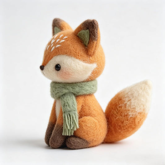 3 Inch Handmade Wool Felt Fox Figurine with Green Scarf,Tabletop Ornament