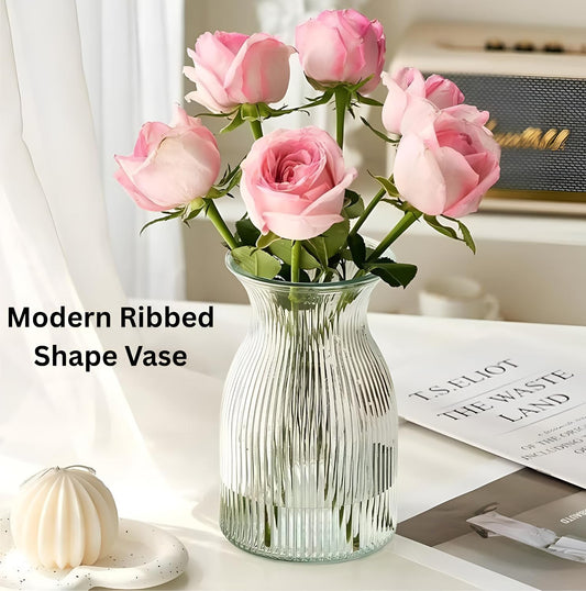 New 2026 Design Ribbed Glass Vase Wide - 8 Inch Tall Ribbed Vase for Wedding Reception, Home Decor, Housewarming Gift - Decorative Flower Vases - Bud Vase for Centerpieces & Cylinder Vases