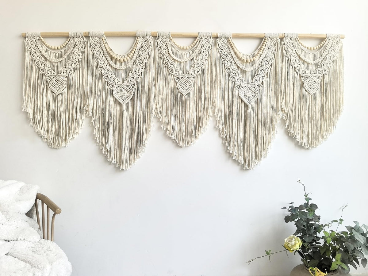 guzhiou Large Macrame Wall Hanging, 27'' W x 36'' L Boho Art Tapestry Wall Decor for Urban entryway,Living Room,Bedroom Decor, headboard Woven, Big Fiber Art Over Couch (Wood Bead)