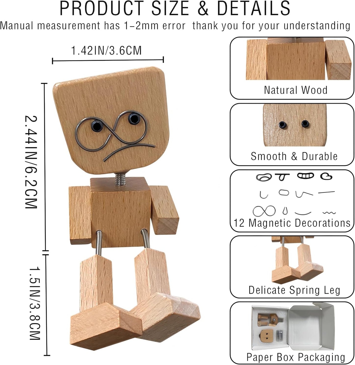 Shaking Wooden Man Figurine for Car Dashboard w/ 12PCS Magnetic Expressions