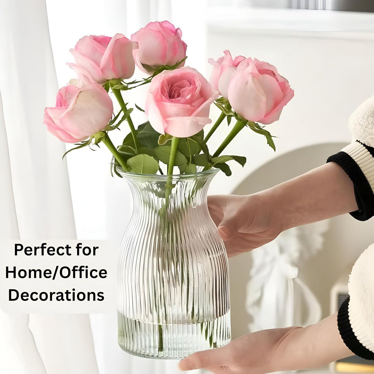 New 2026 Design Ribbed Glass Vase Wide - 8 Inch Tall Ribbed Vase for Wedding Reception, Home Decor, Housewarming Gift - Decorative Flower Vases - Bud Vase for Centerpieces & Cylinder Vases