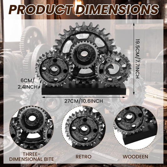 Novabright Steampunk Industrial Gear Train Figurine, Vintage Black Silver Wooden Gear Wheel Desktop Ornament, Retro Mechanical Steam Punk Gift for Living Room, Bedroom & Office Bookshelf Decor