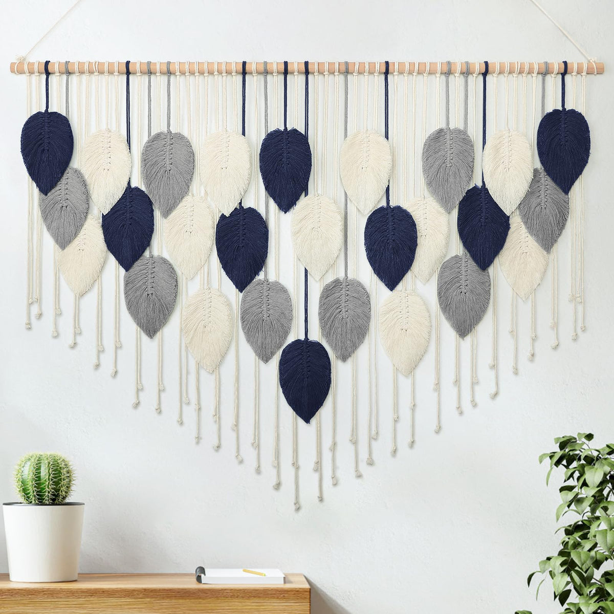 Weldomcor Macrame Wall Hanging Leaf Woven Tapestry Bohemian Chic Wall Hanging Feather Large Handmade Wall Art Decor for Bedroom Living Room Apartment Ornament, 39 inch