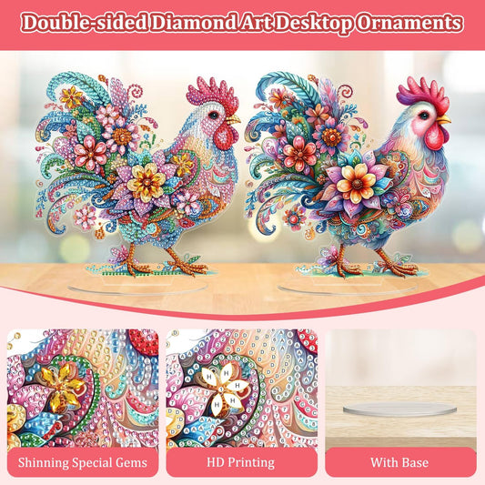 Bowetile Chicken Diamond Art Desktop Ornaments Kits for Adults Beginners, 5D Special Shape Diamond Art Painting Animals Tabletop Ornaments, Crystal Gem Art Painting for Home Table Decor Crafts Gift