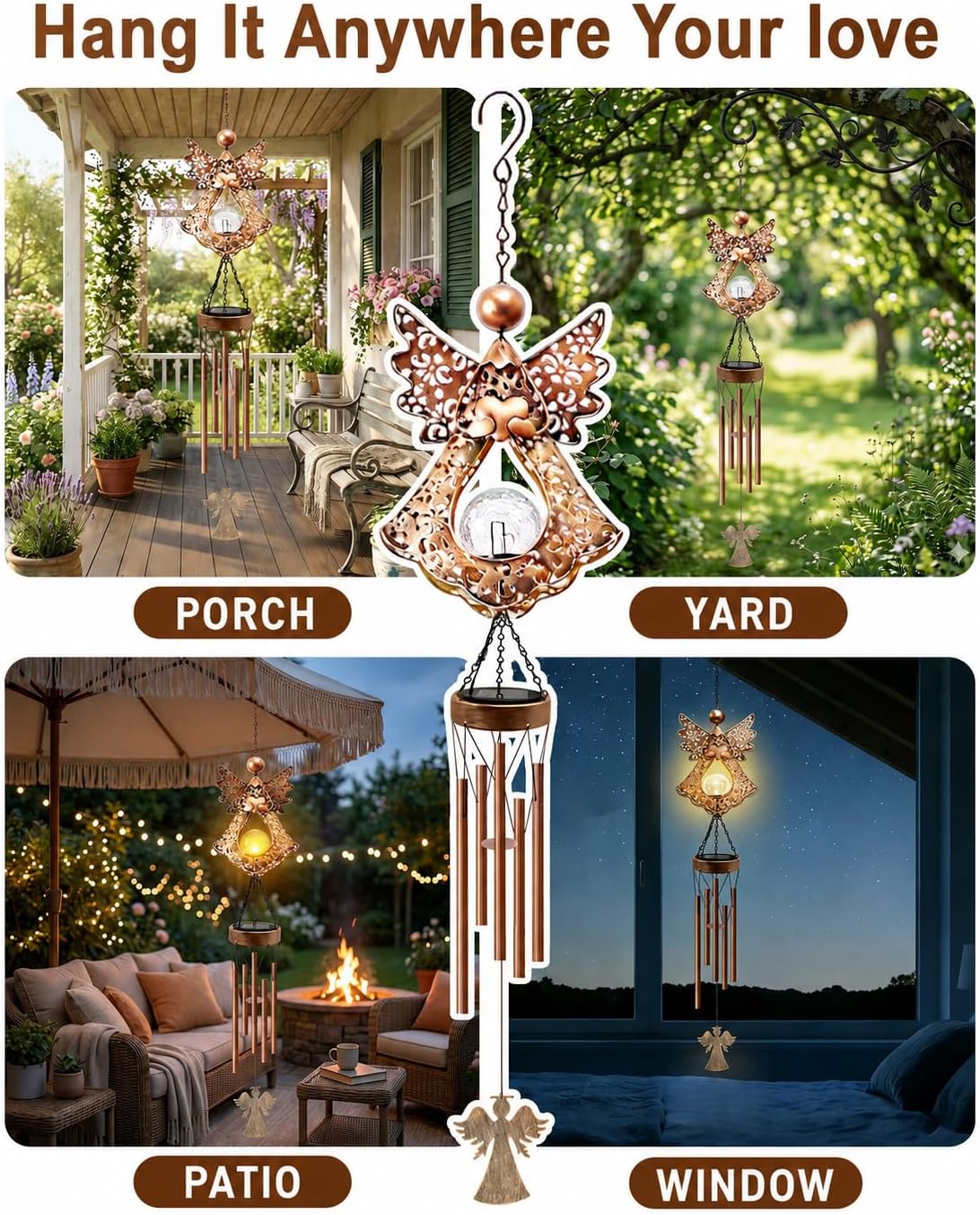 41" Large Angel Solar Wind Chimes for Outside, Metal Garden Decor