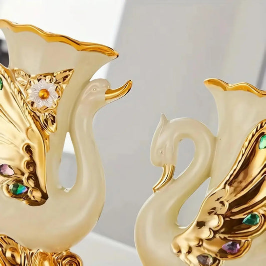 2-Piece Modern Ceramic Vase Set - Swan & Elephant Designs for Fresh Flowers, Fake Plants, Fake Grass, Rose Petals - Home Decor for Living Room, Dining Table, Christmas Decorative Statues & Figurines