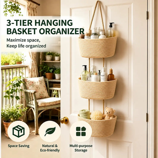 3-Tier Woven Cotton Over-the-Door Hanging Wall Basket - Jute Home Organizer for Dorm Room Storage, Decorative Room Accessories, Baby Wipes & Light Toys, Natural Feel, Warm Charm, Storage Organization Solution