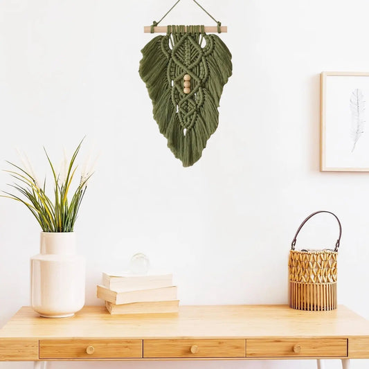 Boho Macrame Wall Hanging Leaves,Green Woven Leaf Tapestry,Tapestry Bohemian Chic Wall Décor, Feather Walls Hanging Boho Decor for Dorm Home Bedroom Western Room Decoration Gift for Women