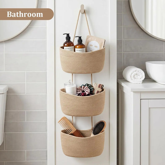 Woven cotton 3-Tier Over the Door Basket,Wall-Mounted Jute Storage Organizer in bathroom – Decorative Nursery Baskets, Perfect for Busy Mom/Dad to Store Diapers & Toys small basket Gift Hook laundry basket house organizers,Small Storage Basket, With Hook