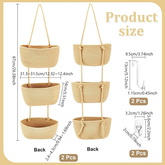 1/2-Pack Adjustable 3-Tier Woven Cotton Wall Hanging Baskets with 4 Hooks - Over-the-Door Jute Home Supplies Storage Organizer for Nursery, Bathroom, Entryway Decor, Baby Showers